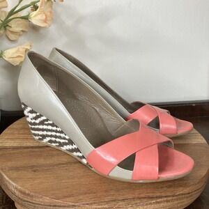 Anyi Lu Italy Wedge Sandals Size 37.5 US 7 Coral Leather Peep Toe Summer Wedding